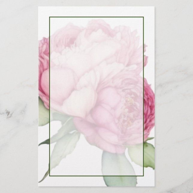 Watercolor pink florals pink peonies pink roses stationery (Front)