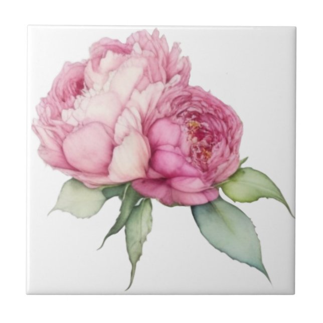 Watercolor pink florals pink peonies pink roses tile (Front)