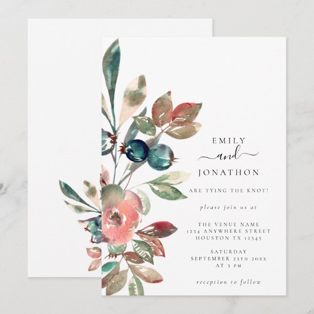 Watercolor Pink Florals Teal Botanical Wedding Invitation (Front/Back)