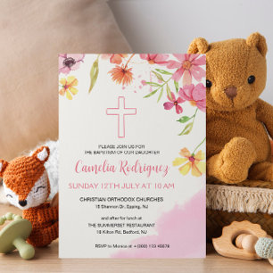 Watercolor Pink Flower Baby Girl Baptism Invitation
