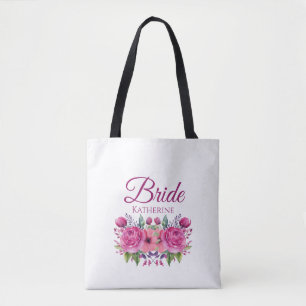 Watercolor Pink Flower Bouquet-Bride- Tote Bag