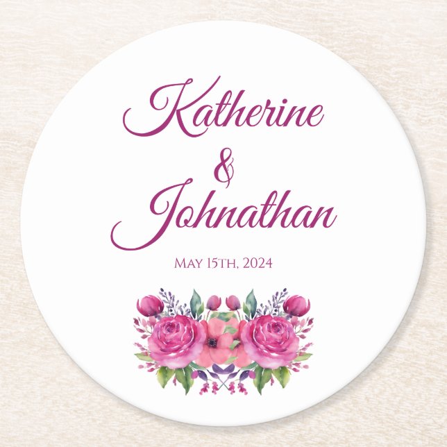 Watercolor Pink Flower Bouquet-Paper Coaster (Front)