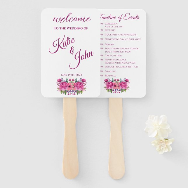 Watercolor Pink Flower Bouquet-Wedding Program- Hand Fan (Front and Back)
