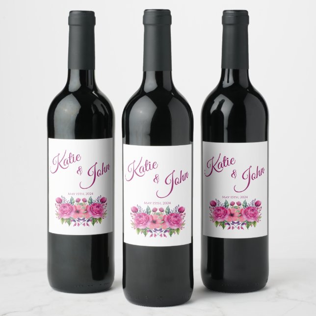 Watercolor Pink Flower Bouquet-Wedding- Wine Label (Bottles)