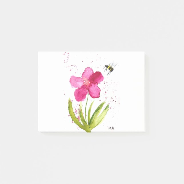 Watercolor pink flower bumblebee post-it notes (Front)