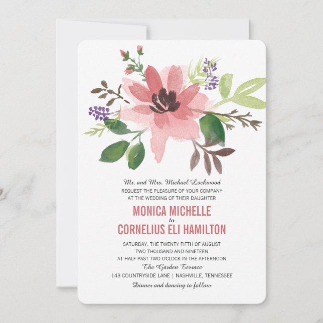 Watercolor Pink Flower Burst | Wedding Invitation (Front)
