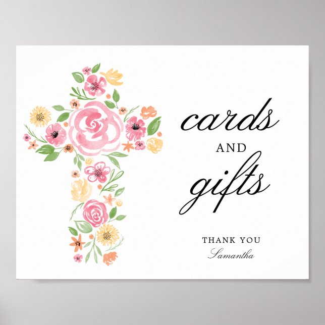 Watercolor Pink Flower Cross First Communion Poster (Front)