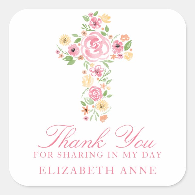 Watercolor Pink Flower Cross First Communion Square Sticker (Front)
