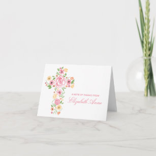Watercolor Pink Flower Cross First Communion Thank You Card