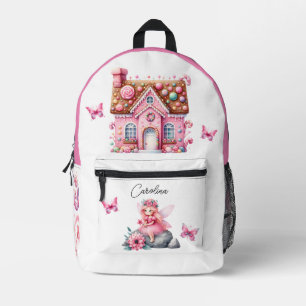 Watercolor Pink Flower Fairy House Butterflies Printed Backpack