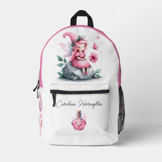 Watercolor Pink Flower Fairy Magic Potion Myshroom Printed Backpack (Front)