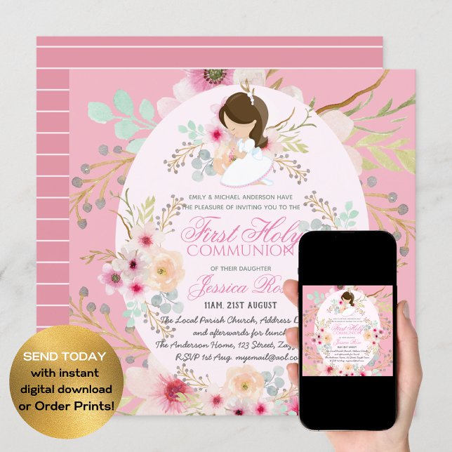 Watercolor Pink Flower First Communion Invitations (Creator Uploaded)