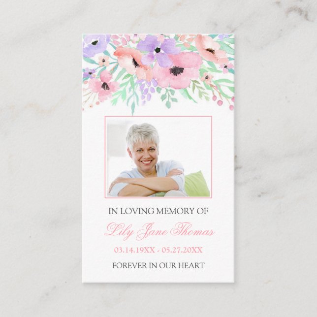 Watercolor Pink Flower Funeral Prayer Card (Front)