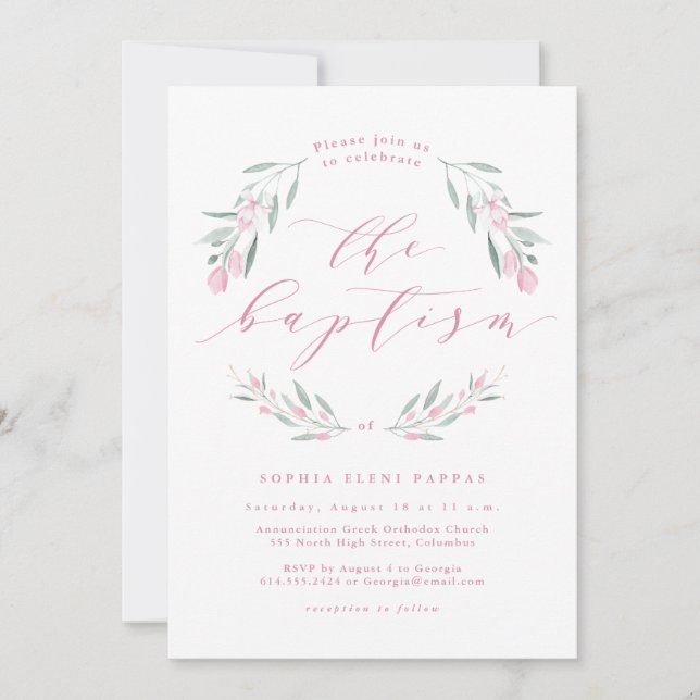 Watercolor pink flower girl baptism invitation (Front)
