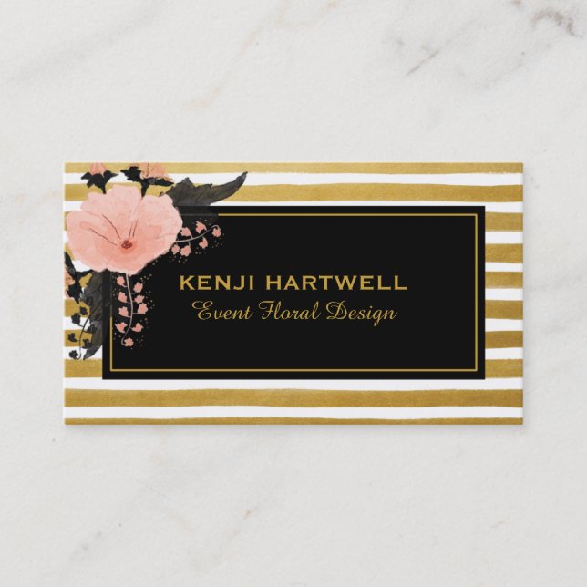 Watercolor Pink Flower & Gold Stripes Professional Business Card (Front)