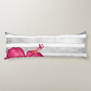 Watercolor Pink Flower in a Black and White Stripe Body Cushion