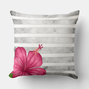 Watercolor Pink Flower in a Black and White Stripe Cushion