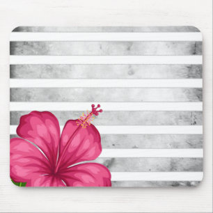 Watercolor Pink Flower in a Black and White Stripe Mouse Mat