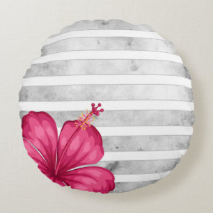 Watercolor Pink Flower in a Black and White Stripe Round Cushion