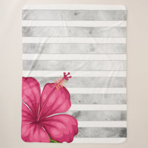 Watercolor Pink Flower in a Black and White Stripe Sherpa Blanket