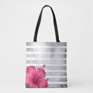 Watercolor Pink Flower in a Black and White Stripe Tote Bag