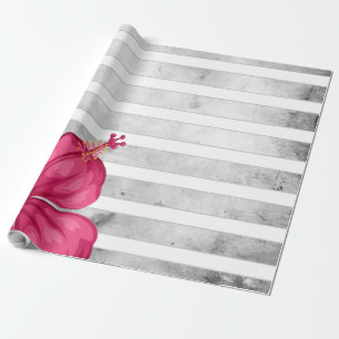 Watercolor Pink Flower in a Black and White Stripe Wrapping Paper