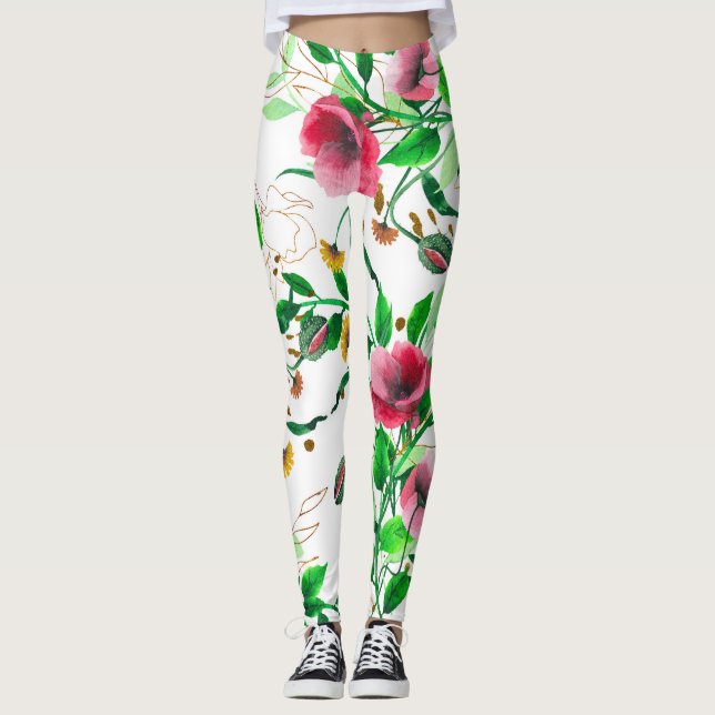 watercolor pink flower leggings (Front)