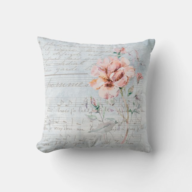 Watercolor Pink Flower on French Music Blue Cushion (Front)
