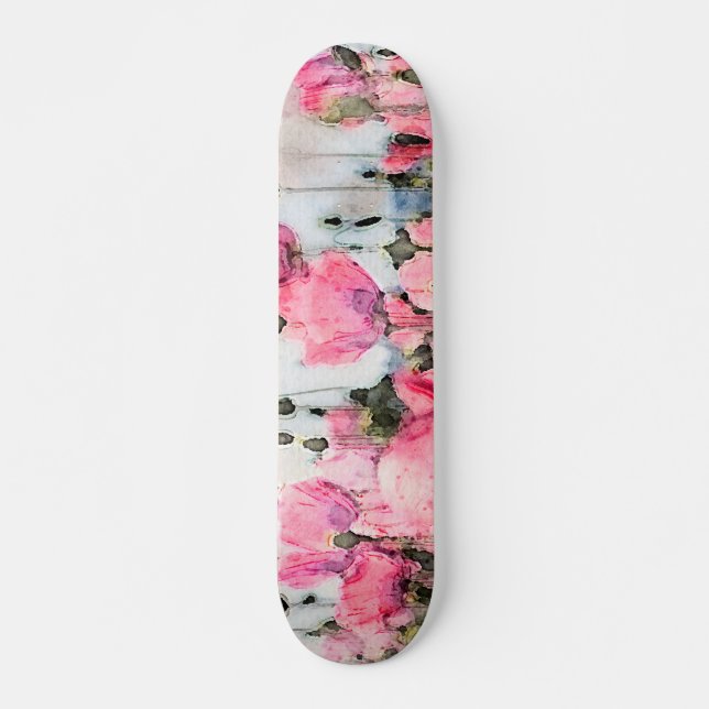 Watercolor Pink Flower Painting Skateboard (Front)