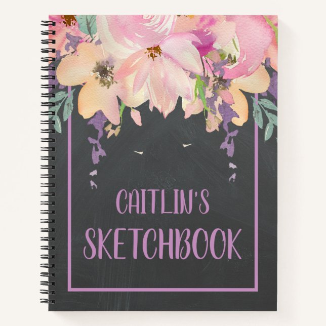 Watercolor Pink Flower Personalised Sketchbook  Notebook (Front)