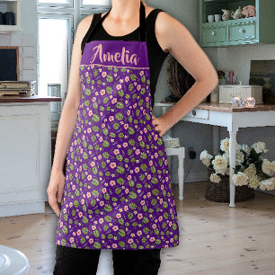 Watercolor pink flower  purple pattern  apron