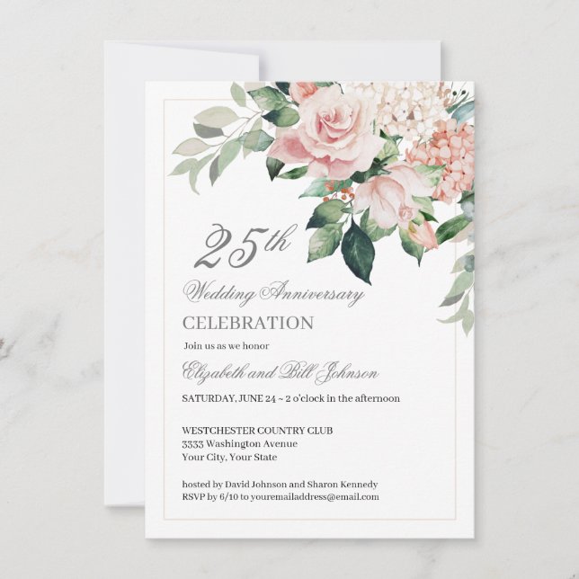 Watercolor Pink Flowers 25th Wedding Anniversary Invitation (Front)
