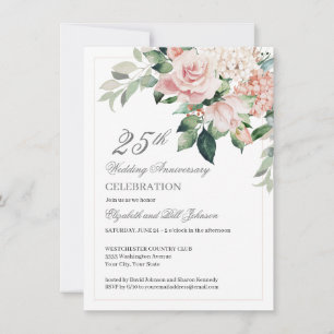 Watercolor Pink Flowers 25th Wedding Anniversary Invitation