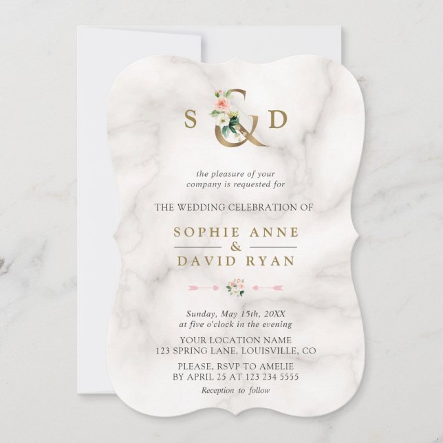 Watercolor Pink Flowers Ampersand Marble Wedding Invitation (Front)
