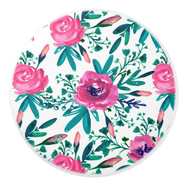 Watercolor Pink Flowers And Buds Ceramic Knob (Front)