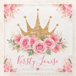 Watercolor Pink Flowers and Gold Tiara Glass Coaster
