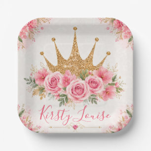 Watercolor Pink Flowers and Gold Tiara Paper Plate