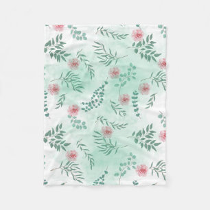 Watercolor pink flowers and green branches botanic fleece blanket