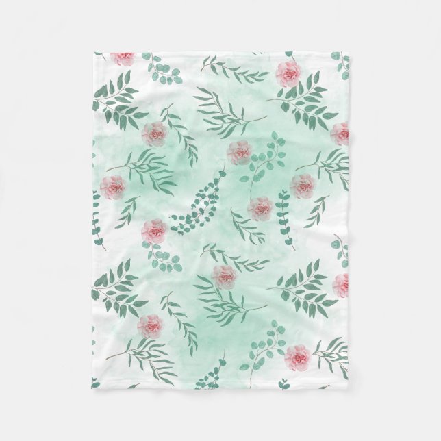 Watercolor pink flowers and green branches botanic fleece blanket (Front)