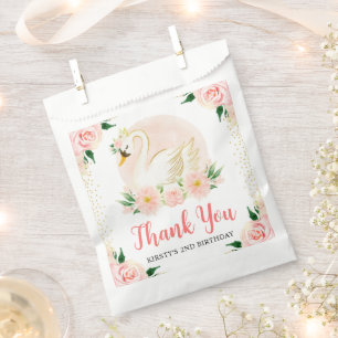 Watercolor Pink Flowers and Swan Birthday Favour Bags