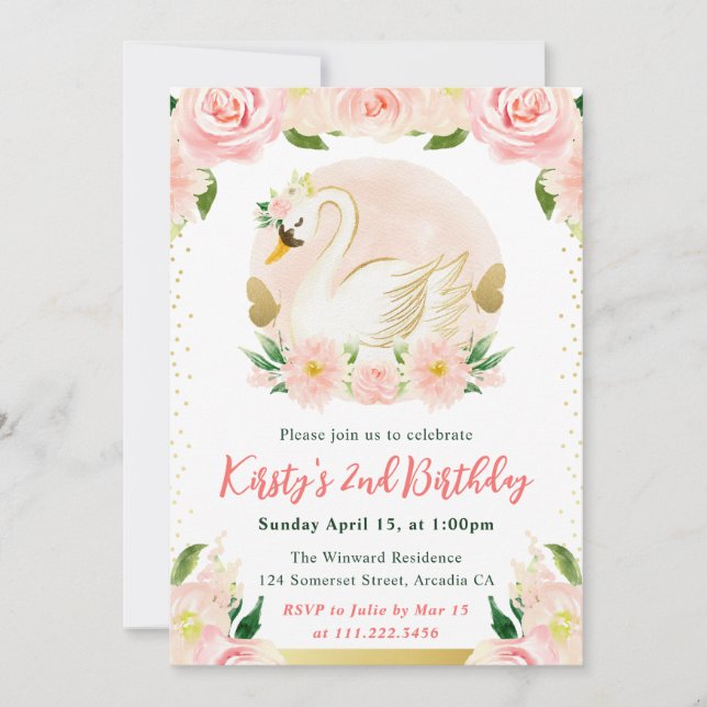 Watercolor Pink Flowers and Swan Birthday Invitation (Front)