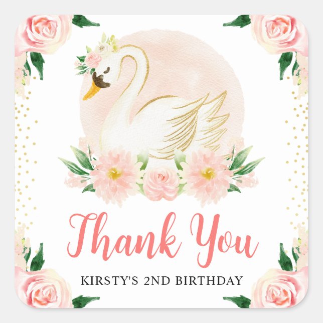 Watercolor Pink Flowers and Swan Birthday Square Sticker (Front)
