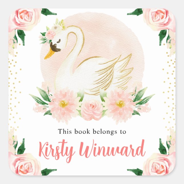 Watercolor Pink Flowers and Swan Bookplate Square Sticker (Front)
