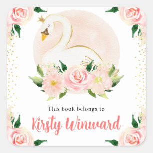 Watercolor Pink Flowers and Swan Bookplate Square Sticker
