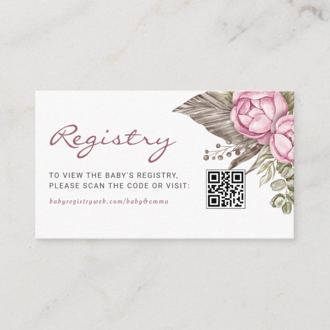 Watercolor Pink Flowers Baby QR Code Registry Enclosure Card (Front)