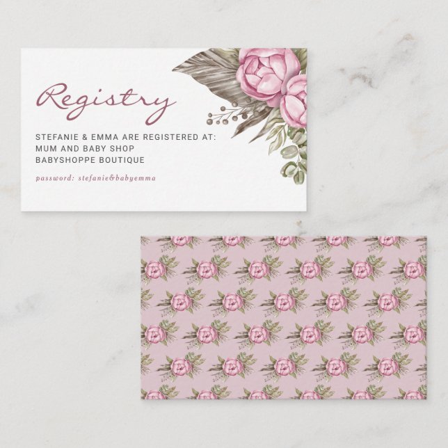Watercolor Pink Flowers Baby Shower Registry Enclosure Card (Front/Back)