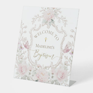  watercolor pink flowers Baptism welcome Pedestal Sign
