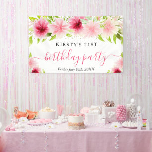 Watercolor Pink Flowers Birthday Party Welcome Banner