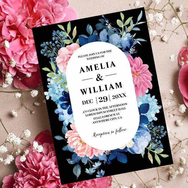 Watercolor pink flowers black and white Wedding  Invitation (Creator Uploaded)