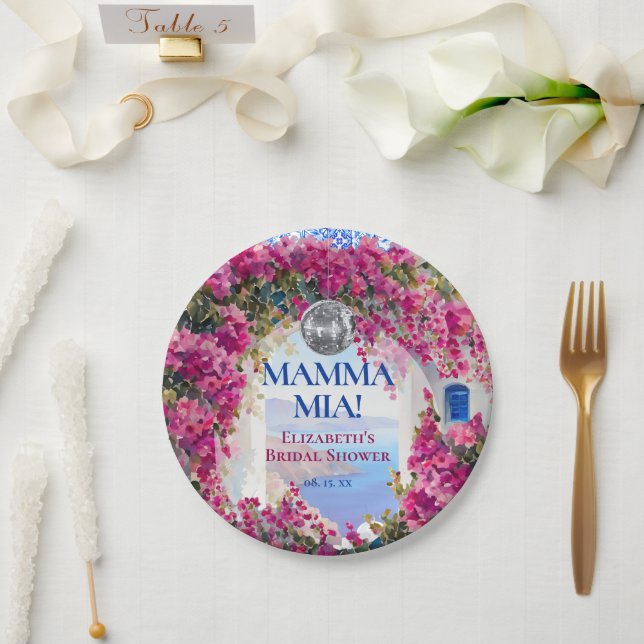 Watercolor Pink Flowers Blue Tiles Disco Ball Paper Plate (Wedding)